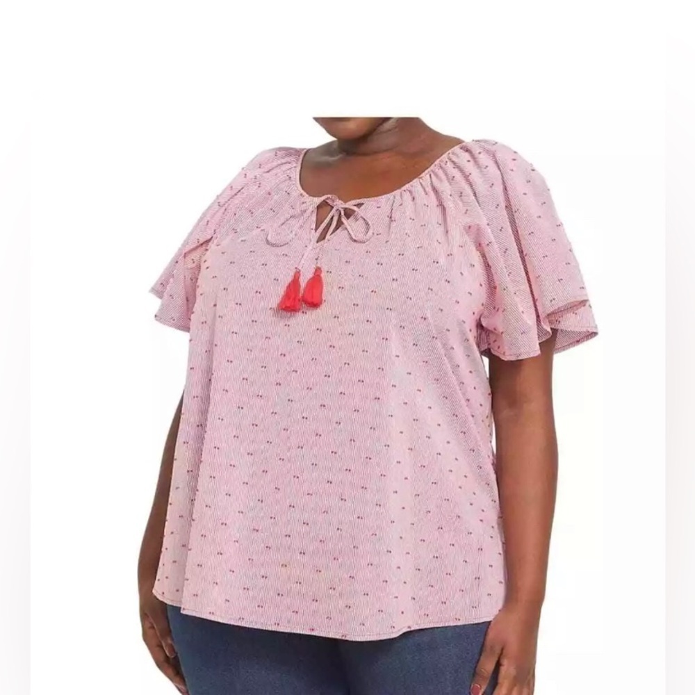 LANE BRYANT Short Sleeve Tie Neck Red Peasant Stripe w/embroidered dots Sz 18/20